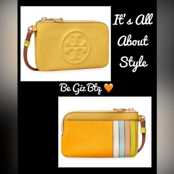 🆑 Tory Burch Authentic Leather Color Block Zip Card Case Yellow NWT